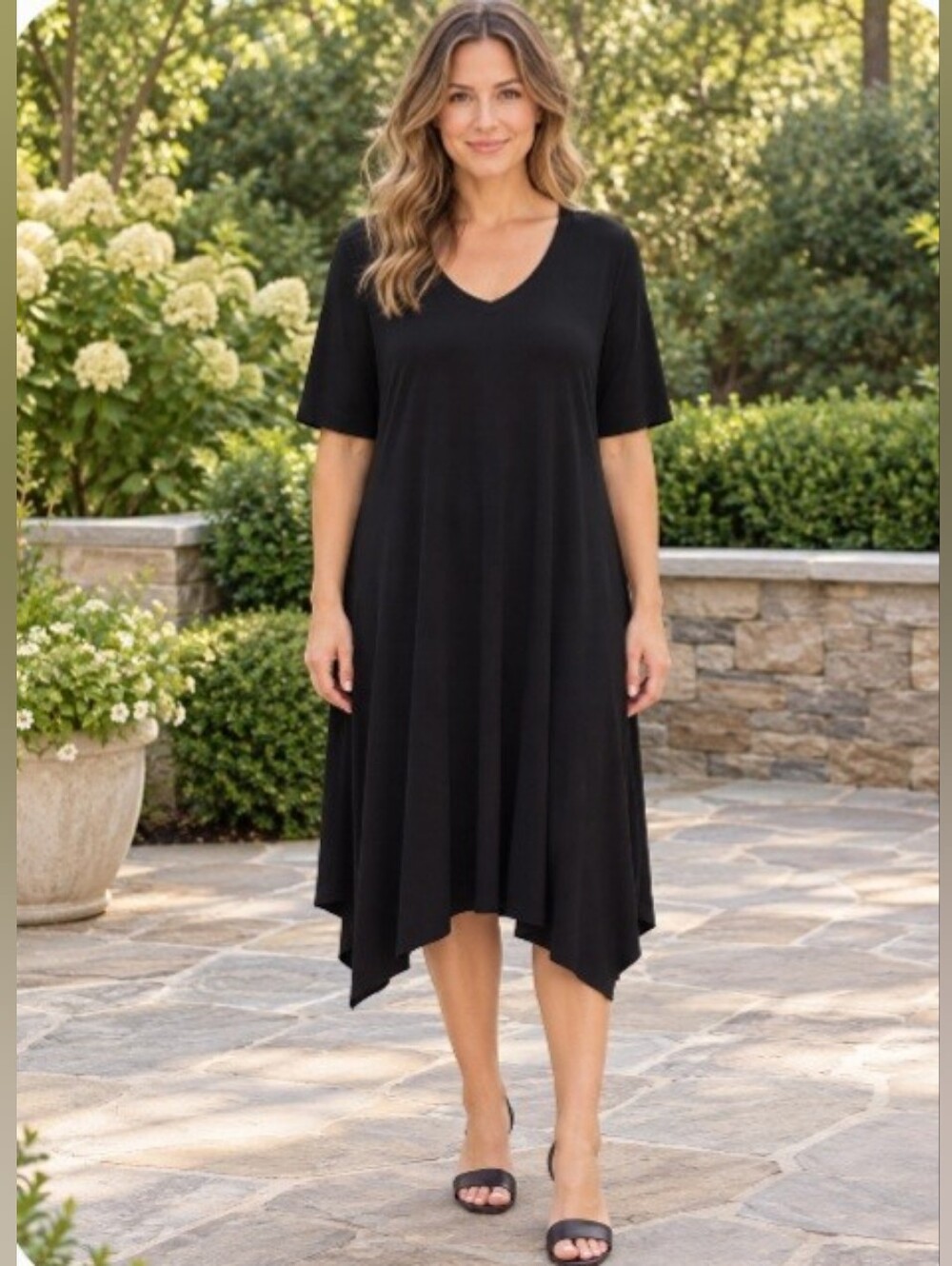 Black V-Neck Handkerchief-Hem Midi Dress